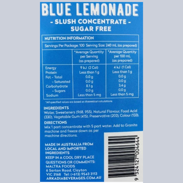 Blue Lemonade slush concentrate sugar-free label with nutrition information and ingredients on a light gray background.